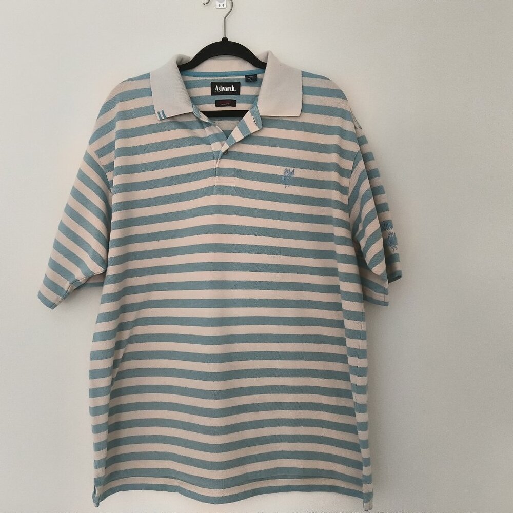 ASHWORTH  blue and cream striped polo golf shirt size L 100% Cotton
